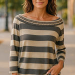 Haes Brasil Womens Sweater Size XL Gray Tan Striped Boatneck Top‎ NEW Photo 0