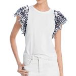 Veronica Beard Julianka Flutter Sleeve Shirt White Navy Eyelet L Photo 0