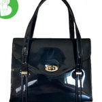 NAVY BLUE PVC VINTAGE 1960'S TOP HANDLE SATCHEL HAND BAG Photo 0