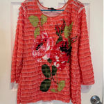 Notations  Floral Ruffle Blouse Coral Pink Rose Print‎ Top Lightweight L Photo 0
