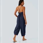Halara NWT Womens Spaghetti Strap Lace Up Jumpsuit Cropped Size L Blue Gauzy Photo 1