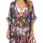 Jessica Simpson  Green Multi Color Floral Print Sheer Short Sleeve Swim Cover Top Photo 0