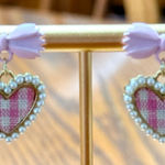 Pink Heart Plaid Gingham Earrings With Bow & Pearl Accents Dangle Drop New Photo 0