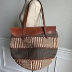 Handmade Rare Sisal Woven Striped Tote Bag with Leather Flap Double Handles Photo 1