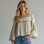 Natural Life  Bohemian Cottage Embroidered Square Neck Bell Sleeve Top Size Large Photo 7