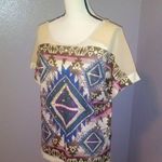 Vocal  USA beige sequined Aztec native print short sleeve blouse Photo 0