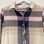 Aerie  Women’s Long Sleeve Ruffle Plaid Button Down Shirt Pink Tan Size Small EUC Photo 1