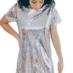New FATE Silver Sequin Mini Dress Deep V Back Cutouts Size M Party Club Date Size M Photo 0