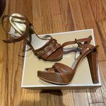 Michael Kors Grace Buckle Brown Leather Platform Heels Sandals Women Size 8 Coastal Neutral Photo 0
