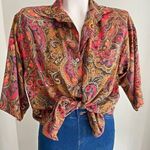 Vintage 70’s floral brown paisley retro wide sleeve button front shirt Photo 0