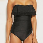 Kona Sol Kona‎ Sol Black Crochet Ruffled 1pc Moderate Coverage Swimsuit MEDIUM Vacation Photo 0