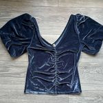 Free People NEW Double V Puff Short Sleeve Blue Velour Ruched Fitted Top Size S Photo 0