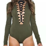 NWOT NUDE Plunging Neckline Lace Up Front Zipper Back Bodysuit Green Black Size M Photo 0
