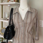 Unique spectrum Striped Beige Button-Up Blouse Size L Photo 0