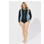 Torrid Blue Black Wireless Shaping Long Sleeve One Piece Zip Up Swimsuit Size 2X Photo 2