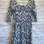 J. McLaughlin blue cream 3/4 sleeve dress knee length xs stretch unlined Photo 0