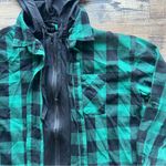 Risen Womens Frayed Hem Flannel Full Zip Hoodie Black/Green Streetwear Size Md Green Size M Photo 1