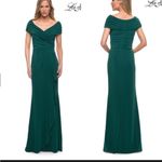 La Femme  Off Shoulder V Neck Long Sheath Jersey Gown Photo 0