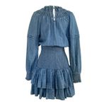Michael Kors  Cotton Chambray Smocked Dress Blue Denim Ruffled Long Sleeve Sz XS Photo 7