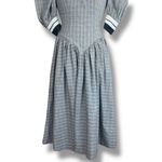 Vintage 80s Leslie Lucks Plaid Puff Sleeve Dress Navy Blue White Midi Retro Photo 6