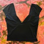 black v neck short sleeve crop top blouse shirt  Photo 2
