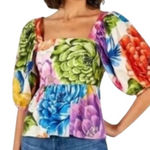 Farm Rio Rainbow Chita Empire-Waist vibrant Floral puff sleeve Blouse resortwear Photo 0