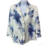 Emma James Off-White Floral Collared Button Front 3/4 Sleeve Linen Blazer Jacket Photo 2