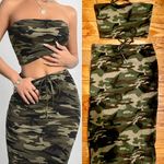 Revamped NWOT Y2K ARMY PRINTED 2 Piece Outfit lace up Tie tube Crop Top& skirt M Photo 2
