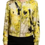 Conrad Collection Abstract Floral Satin Bomber Jacket 8 Green Yellow Zip Front Photo 0