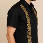 Handmade Men's Mexican Black Embroidered Shirt - Cotton, Gold Accent (Size M ) Photo 1