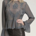 Walter Baker  Grey Sheer Embroidered Ruffle Sleeve Peplum Blouse XS Beth Photo 0