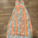Angie NWT Boho Knot Front Printed Maxi Dress Blue Orange Size Medium Photo 8