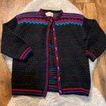 Handmade Cardigan Sweater Size Medium Knitted Black Colorful Bow Buttons‎ Womens Photo 0