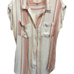 Thread & Supply Peach/White‎ Stripe Short Sleeve Collared Button Up Top Sz Small Pink Photo 0