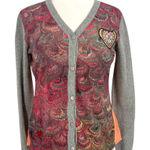 Desigual Printed Cardigan Heart Accent Sweater Sheer Back Size Medium Photo 0