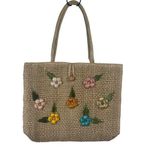 Vintage Wicker Straw Tote Bag Floral Shoulder Button Closure Spring Wicker Boho Tan Photo 0