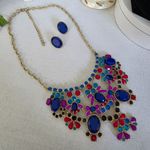 Statement Bib Necklace Gold Chain And Jewel Tone Colors Blue Photo 1
