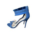 Sam Edelman  Anabeth Denim Fringe 4" Heels Sandals Womens Size 8.5 Open Toe Zip Photo 4