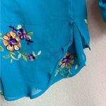 Fig & Flower Teal Blue Chiffon Floral Embroidered Roll Tab Sleeve Blouse LP Size undefined Photo 7