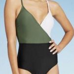Kona Sol  Color Block One Piece Bathing Swim Suit Sz S Olive Green Black White Photo 0