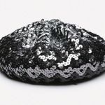 Bebe Black Silver Metallic Sequin Beret Hat Photo 1