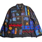 Vtg 1990s Chico's Black Blue Geometric Applique Button Up Collared Jacket Sz 2 L Size L Photo 0