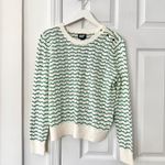 Lands' End  Green White Cotton Blend Pointelle Stripe Crew Button Trim Sweater MP Photo 2