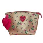 Betsey Johnson  Rose Gold Rosebuds T Bottom Clam Pouch Makeup Bag Hearts Pink Photo 0