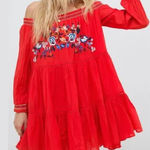 Free People Red Sunbeams Floral Embroidered Off Shoulder Babydoll Mini Dress Photo 0