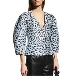 Ganni NWT Jacquard V-Neck Puff Sleeve Blouse in Leopard Print Size 34 XS Photo 2