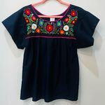 Woman’s Embroidered Mexican Blouse Puebla flowers navy blue size small Red Photo 0