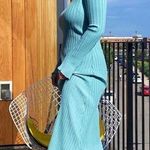 SIMON MILLER Teal Light Blue Ribbed Long Sleeve Fitted Maxi Dress Size Medium Photo 12