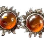 Artisan Vintage Sterling Silver 925 Sunburst Amber Earrings Photo 0