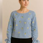 Rebellion nwt lemon embroidered long sleeve blue bow blouse Anthropologie style spring Photo 0